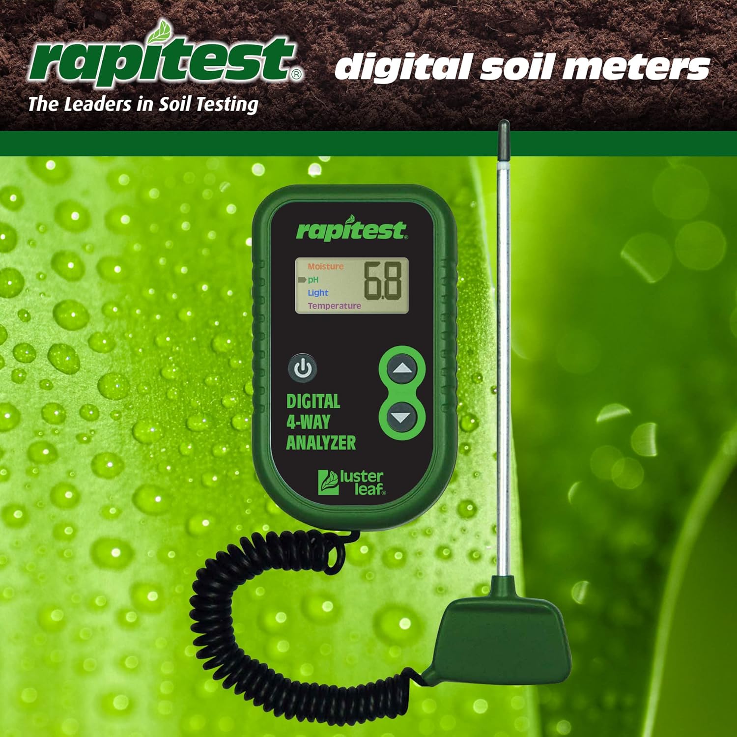 Digital 4-way soil analyzer showing pH, moisture, light, and temperature readings for precision agriculture.