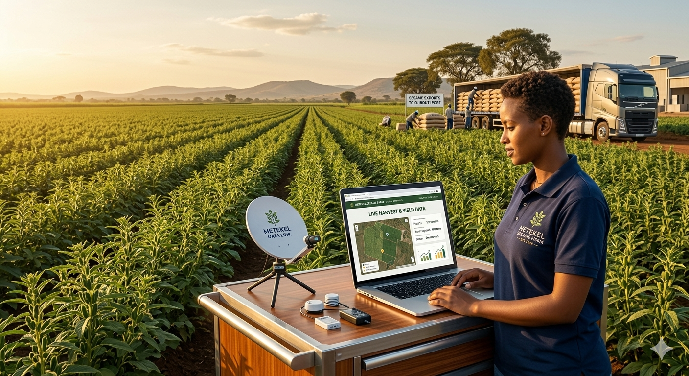 Professional farmer using a tablet to show his website to an international buyer in a coffee field.