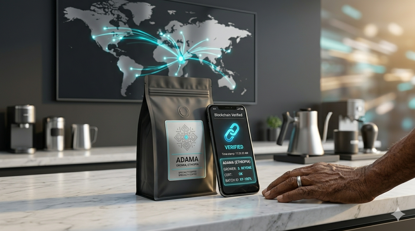 A digital visualization of a coffee bean journey from a farm to a consumer's hand, connected by glowing blockchain links.