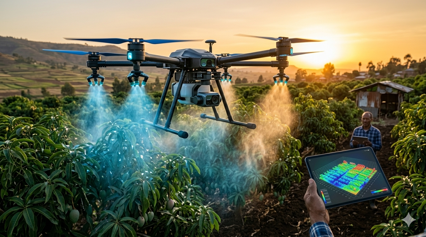 A high-tech agricultural drone spraying a mango orchard in Ethiopia with precision mist.