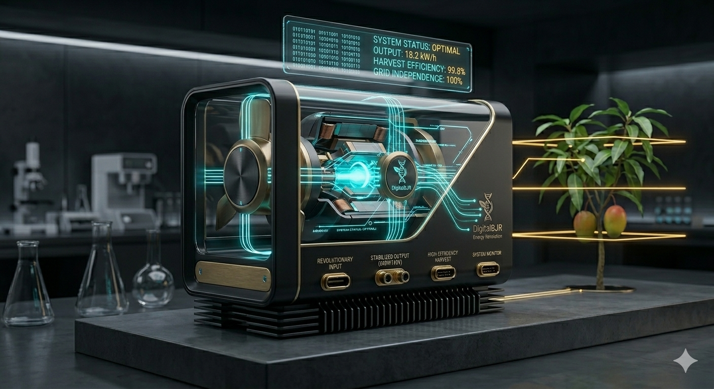 Minimalist golden energy turbine with glowing cyan circuits in a professional charcoal studio.