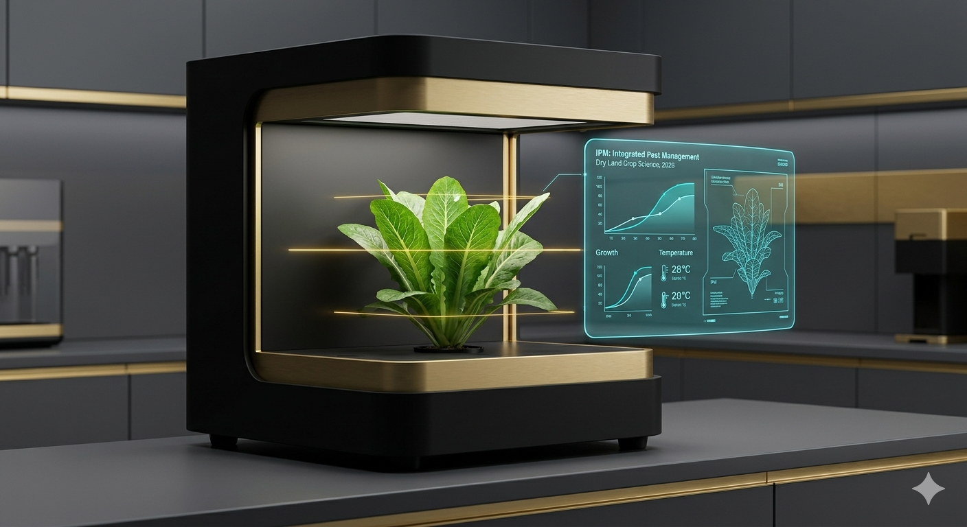 A high-tech greenhouse schematic overlaying a lush, green backyard garden in charcoal and cyan tones.
