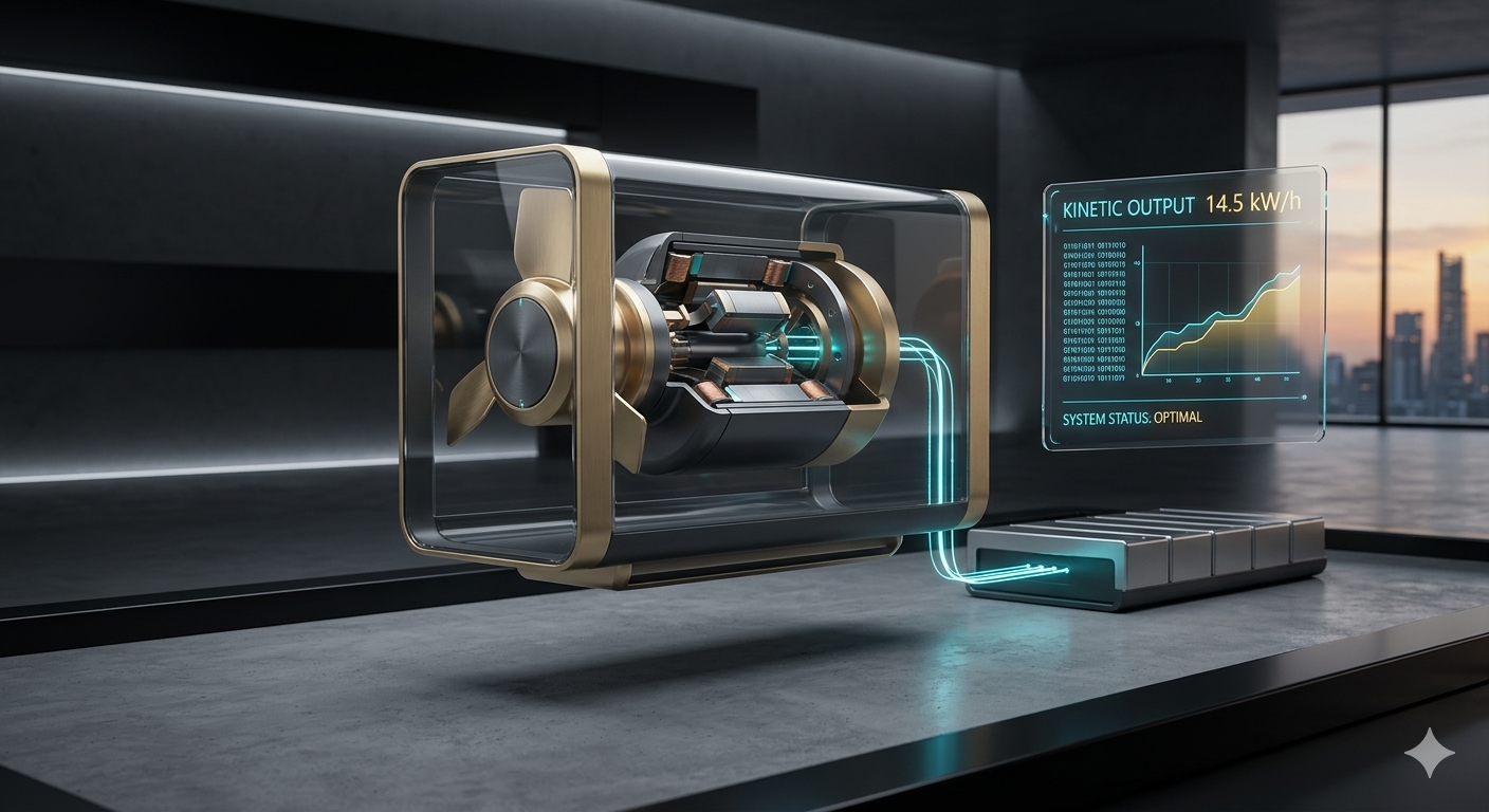Minimalist golden kinetic turbine with cyan energy lines in a frictionless charcoal lab.