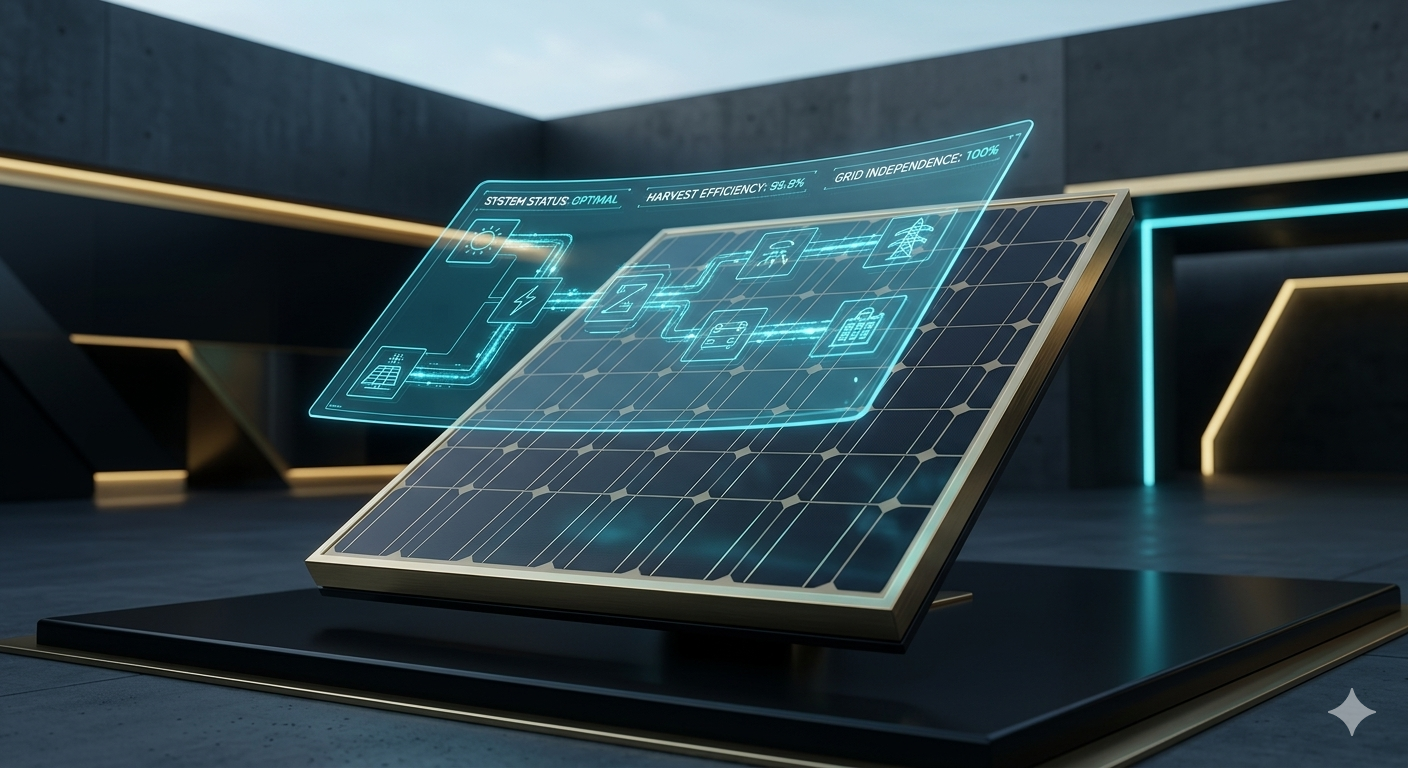Minimalist golden solar panel array with glowing cyan data streams in a luxury charcoal environment.