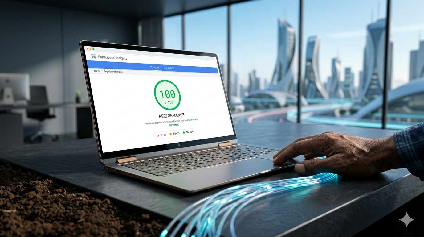 A high-speed digital dashboard showing a website loading in 1.2 seconds on both a laptop and a smartphone.