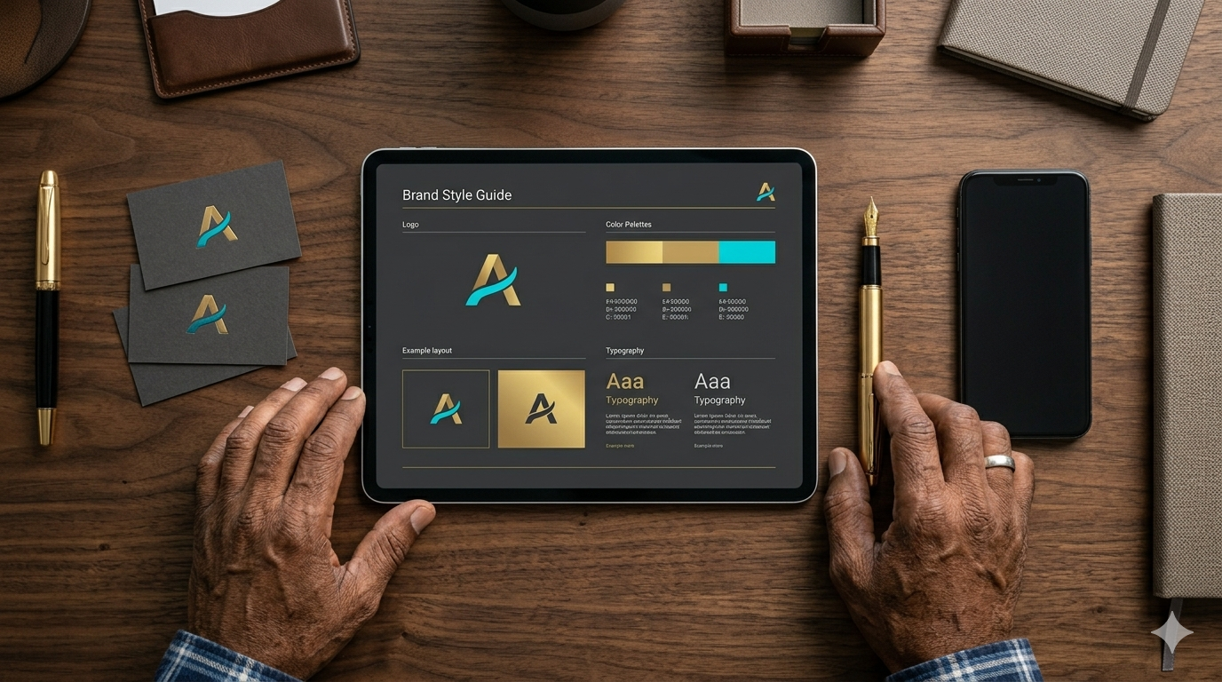 A sleek brand style guide showing a charcoal and gold color palette on a high-end monitor.