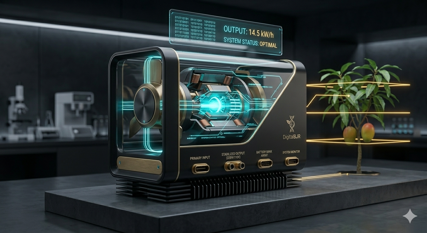 Minimalist golden energy core with glowing cyan circuits powering a healthy plant in a luxury charcoal lab.