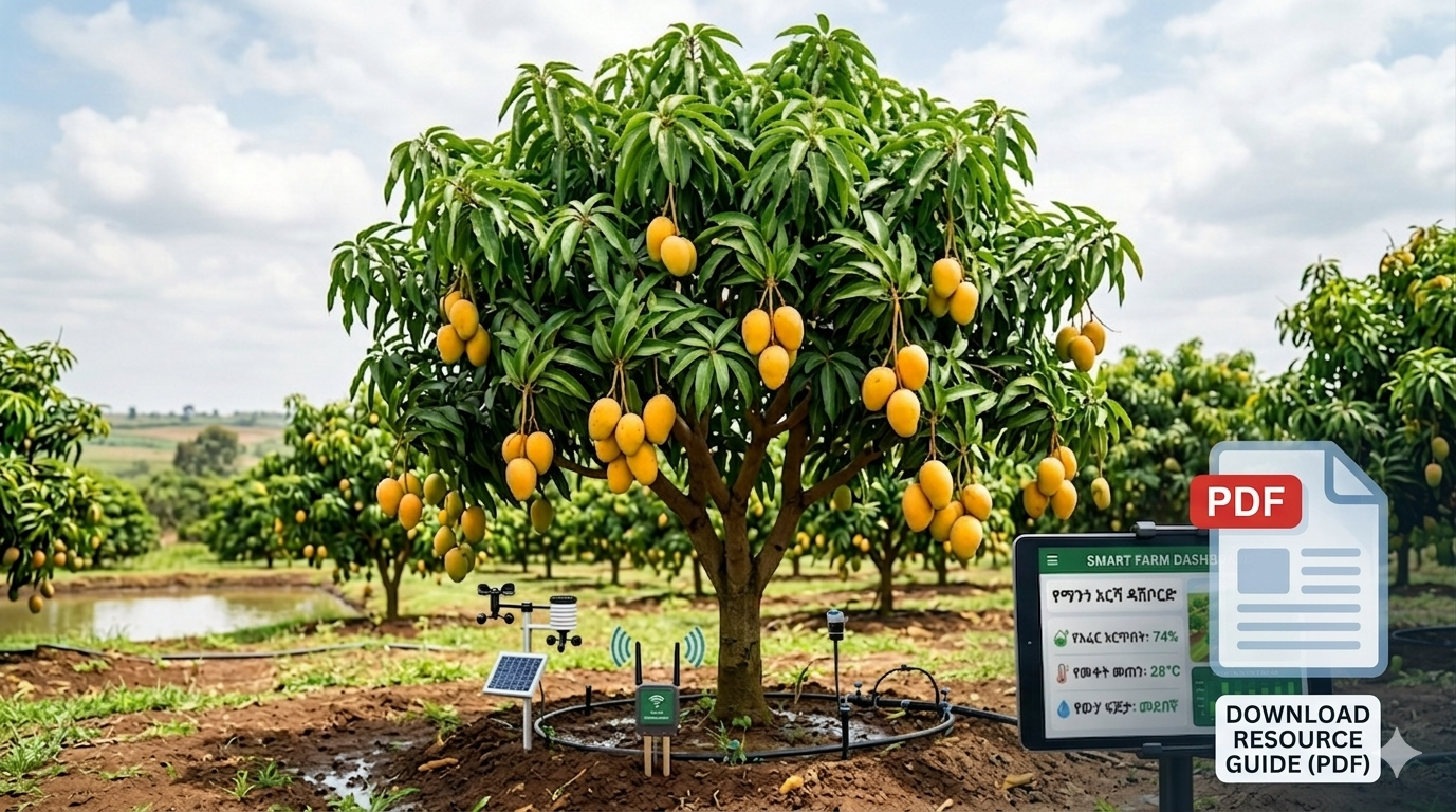 Infographic and technical guide showing how AI and data prediction help control White Mango Scale in mango orchards.