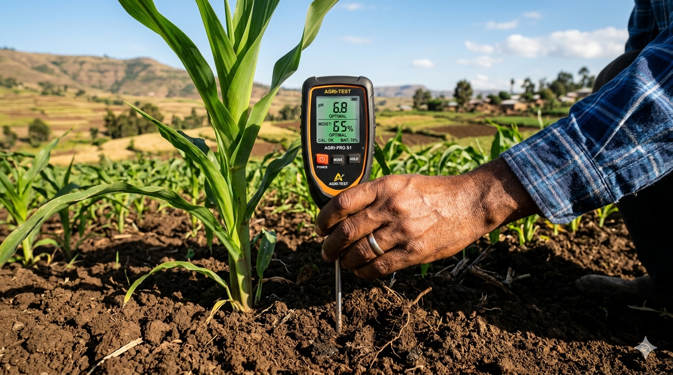 A digital soil moisture sensor being placed in the ground next to a healthy crop in an Ethiopian farm.